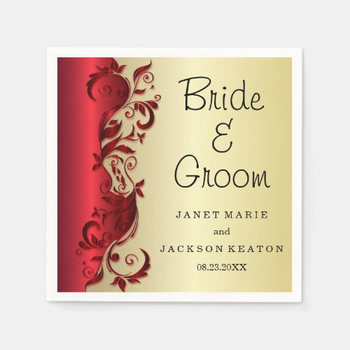 Elegant Red  Gold Florid Wedding Design Paper Napkins