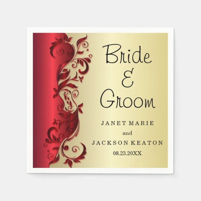 Elegant Red & Gold Florid Wedding Design Paper Napkins (Front)