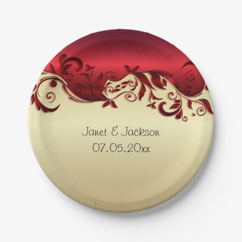 Elegant Red  Gold Florid Wedding Design Paper Plates