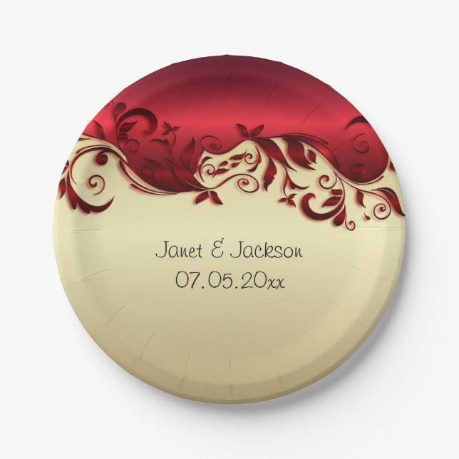 Elegant Red & Gold Florid Wedding Design Paper Plates (Front)