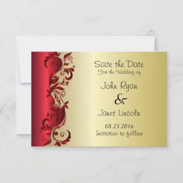 Elegant Red & Gold Florid Wedding Design Save The Date (Front)