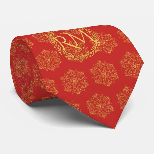 Elegant red gold flourishes exclusive monogrammed neck tie (Rolled)
