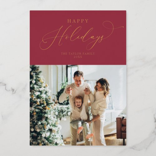 Elegant Red Gold Foil Happy Holidays Christmas Foil Holiday Card