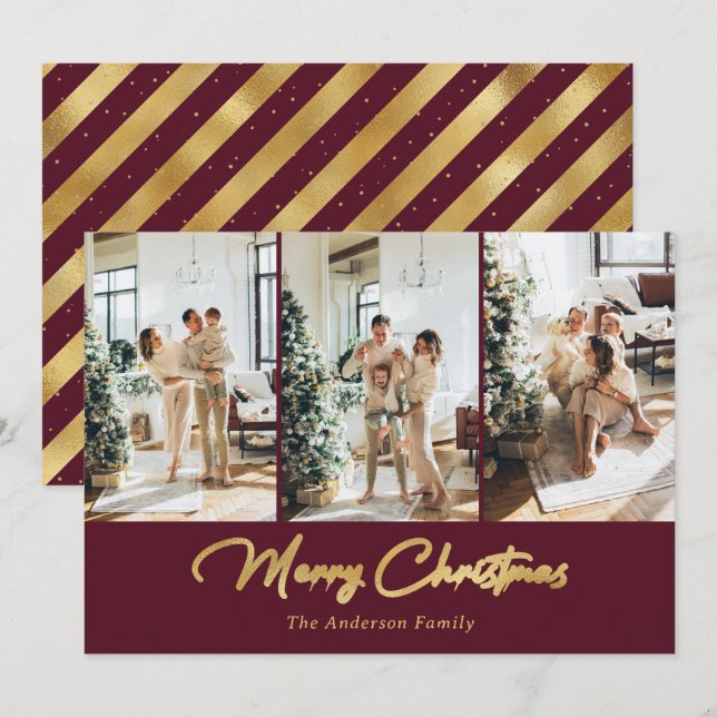 Elegant Red Gold Foil Photo Merry Christmas Holiday Card (Front/Back)