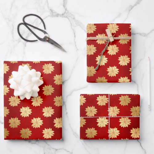 Elegant red gold foil poinsettias floral pattern wrapping paper sheets