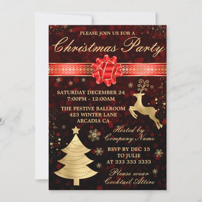 Elegant Red & Gold Foil Ribbon Christmas Party Invitation (Front)
