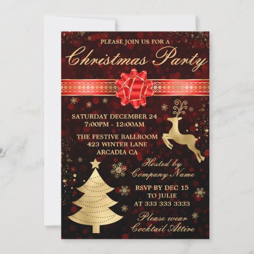 Elegant Red  Gold Foil Ribbon Christmas Party Invitation