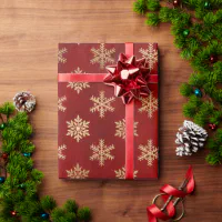 Holiday Gold Faux Foil Snowflakes on Red Bokeh Wrapping Paper, Zazzle