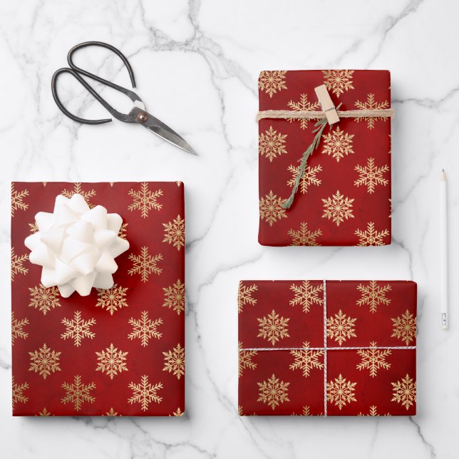 Elegant red gold foil snowflakes pattern Christmas Wrapping Paper Sheets (Front)