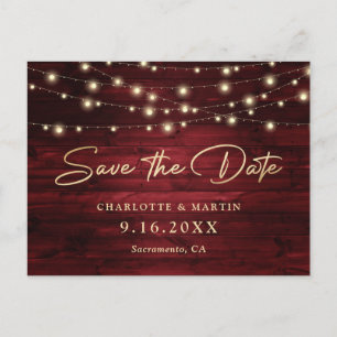 Elegant Red Gold Foil Wood Wedding Save The Date Announcement Postcard