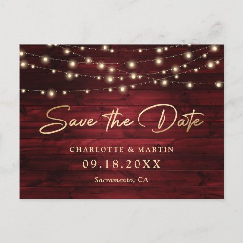 Elegant Red Gold Foil Wood Wedding Save The Date Announcement Postcard