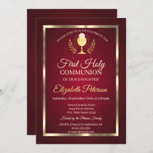 Elegant Red Gold Frame First Holy Communion Invitation