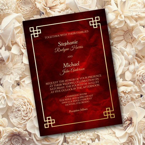 Elegant Red Gold Frame Wedding Foil Invitation