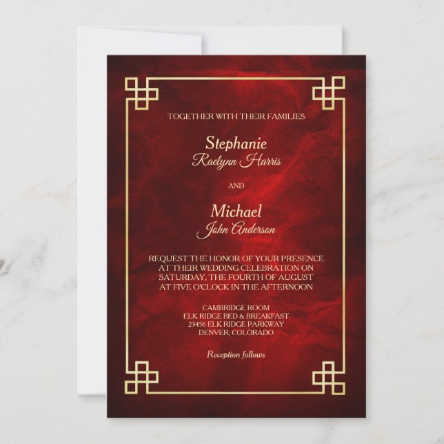 Elegant Red Gold Frame Wedding Invitation (Front)
