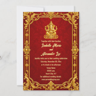 Elegant Red Gold Ganesha Hindu Wedding Invitation