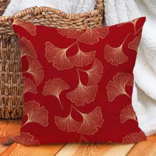 Elegant Red Gold Ginko Leaves Throw Pillow