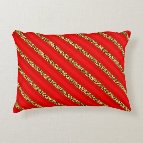 Elegant Red Gold Glitter Angled Stripe Pattern Accent Pillow