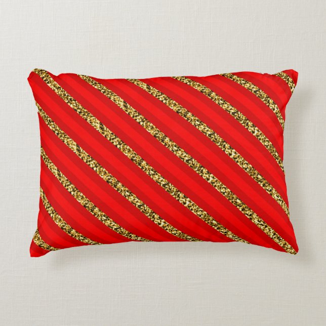 Elegant Red Gold Glitter Angled Stripe Pattern Accent Pillow (Front)