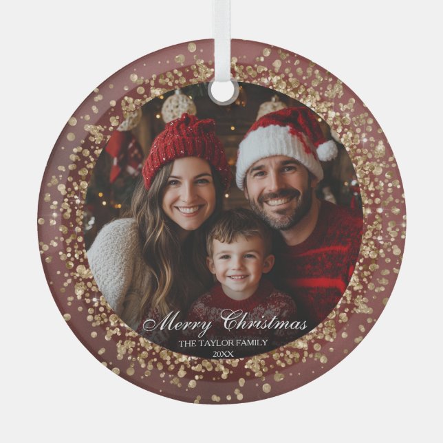 Elegant Red Gold Glitter Christmas Family Photo Glass Ornament (Front)