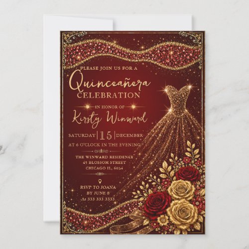 Elegant Red Gold Glitter Dress Quinceanera Invitation