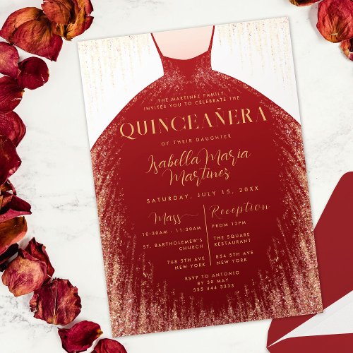 Elegant Red Gold Glitter Dress Quinceaera  Invitation