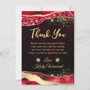 Elegant Red & Gold Glitter Glam Tears Sweet 16 Thank You Card