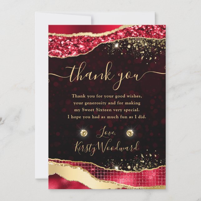 Elegant Red & Gold Glitter Glam Tears Sweet 16 Thank You Card (Front)