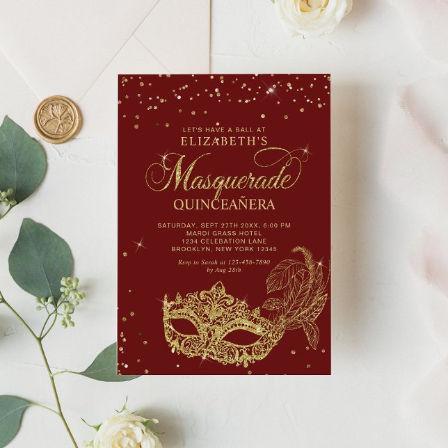 Elegant Red Gold Glitter Masquerade Quinceañera Invitation (Creator Uploaded)