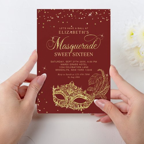 Elegant Red Gold Glitter Masquerade Sweet 16 Invitation