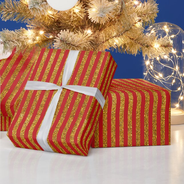 Elegant red gold glitter stripe pattern festive wrapping paper (Holidays)