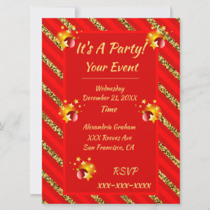 Elegant Red & Gold Glitter Stripes Christmas Party Invitation