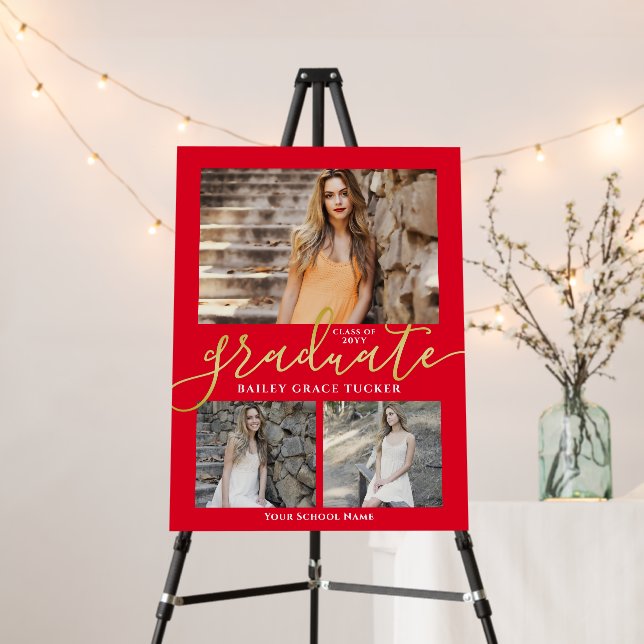 Elegant Red Gold Graduate Collage Graduation Party Foam Board (In Situ (Stand))