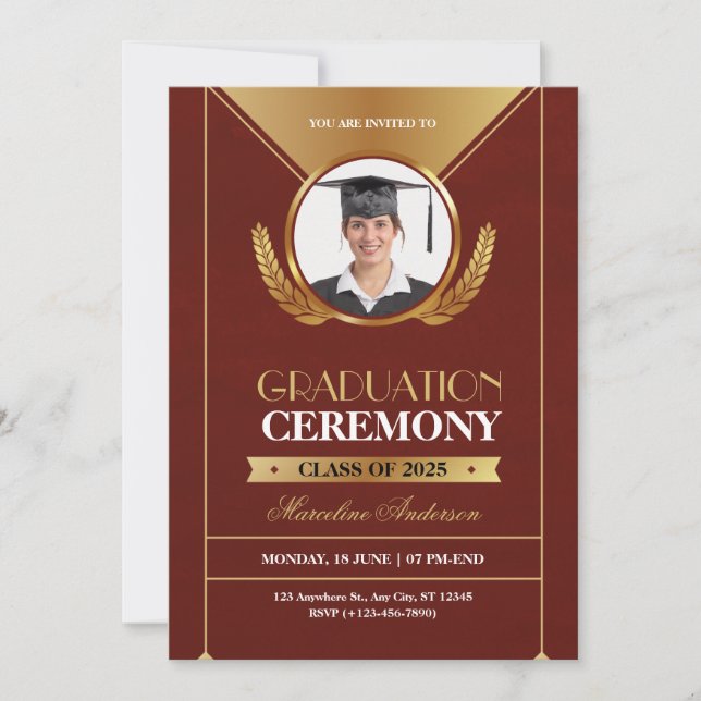 Elegant Red Gold Graduation Ceremony Invite (Front)