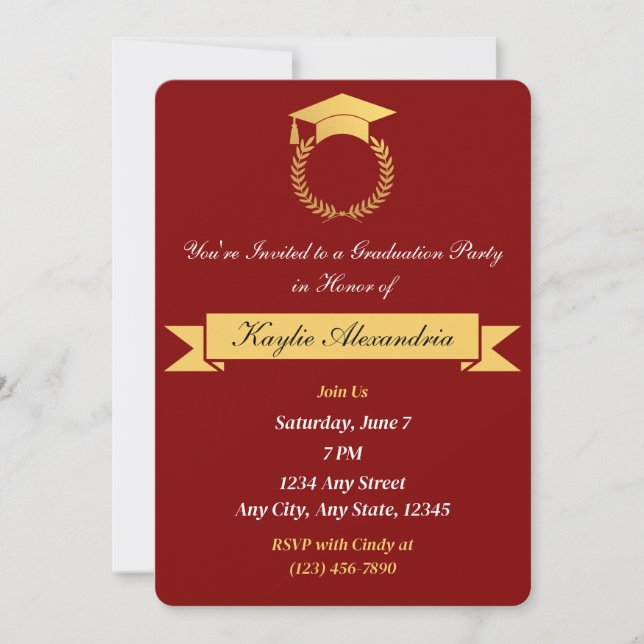 Elegant Red & Gold Graduation Invitation (Front)
