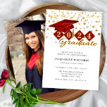 Elegant Red Gold Graduation Photo Party Invitation