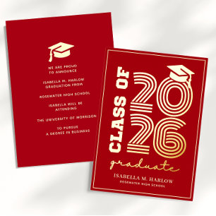 Elegant Red Gold Graduation YY Announcement