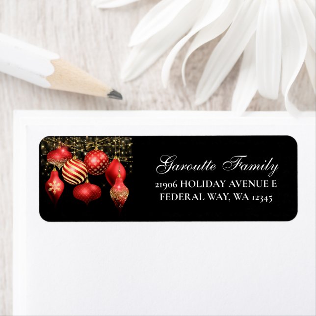 Elegant Red & Gold Holiday Ornament Address Label (Insitu)