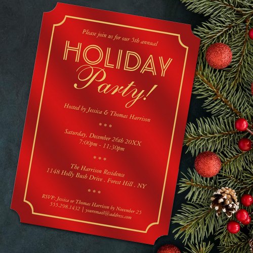 Elegant Red  Gold Holiday Party Invitation