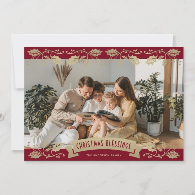 Elegant Red Gold Holly Berries Photo Christian Holiday Card (Front)