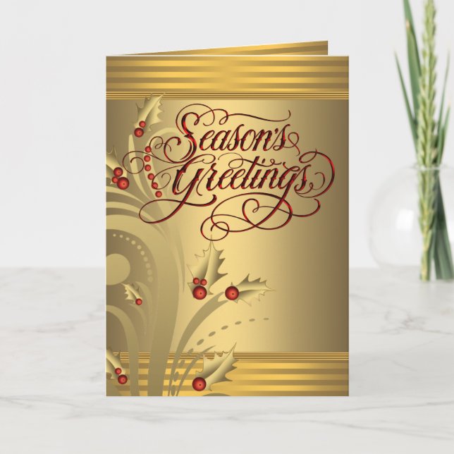 Elegant Red Gold Holly Christian Christmas Card (Front)