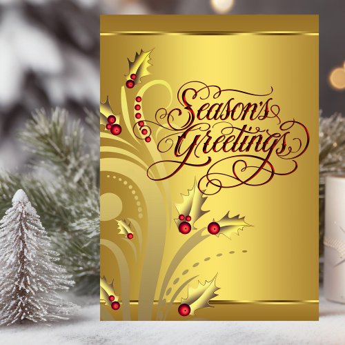 Elegant Red Gold Holly Christian Christmas Holiday Card