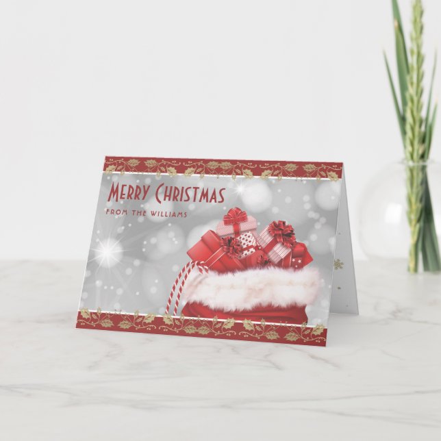 Elegant Red Gold Holly Christmas Presents Holiday Card (Front)