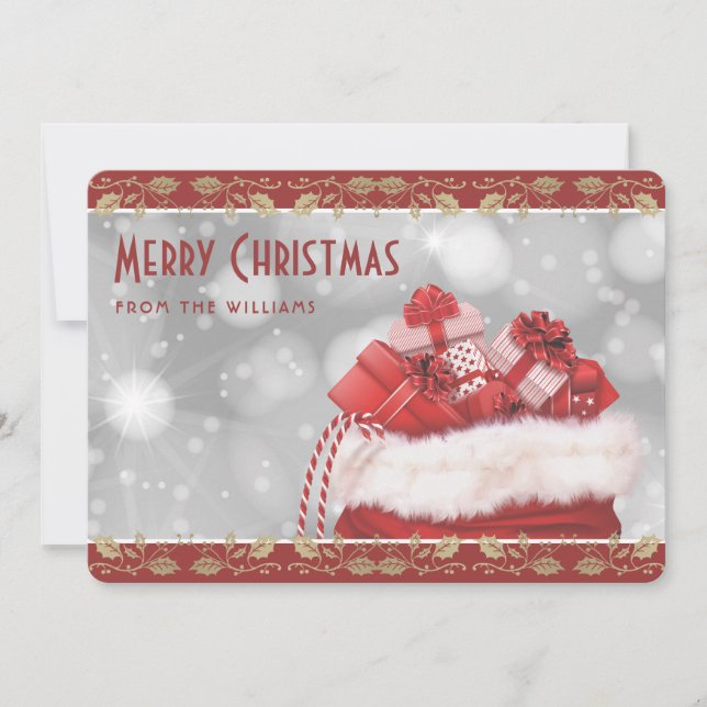 Elegant Red Gold Holly Christmas Presents Holiday Card (Front)