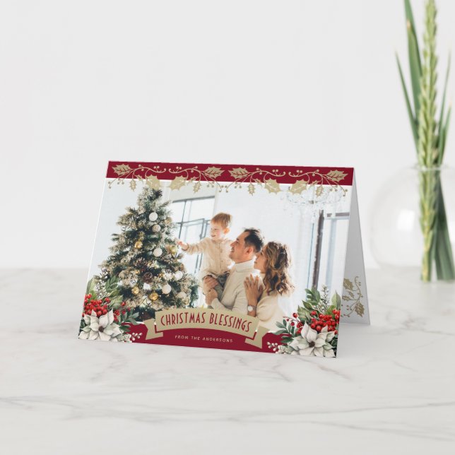Elegant Red Gold Holly Poinsettia Photo Christian Holiday Card (Front)