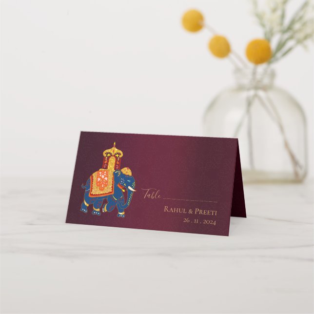 Elegant Red Gold Indian Traditional Design Wedding Place Card (Front)