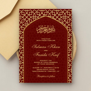 Elegant Red Gold Islamic Mihrab Muslim Wedding Invitation