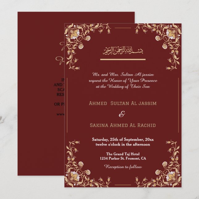 Elegant Red Gold Islamic Muslim Wedding qr code Invitation (Front/Back)