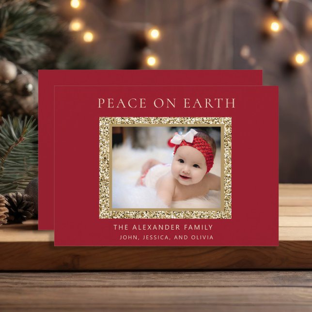 Elegant Red Gold Joy Christmas Photo Peace Earth  Holiday Card (Elegant red and gold Christmas photo greeting card)