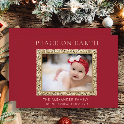 Elegant Red Gold Joy Christmas Photo Peace Earth  Holiday Card