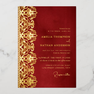 Elegant Red Gold Lace Wedding Foil Invitation